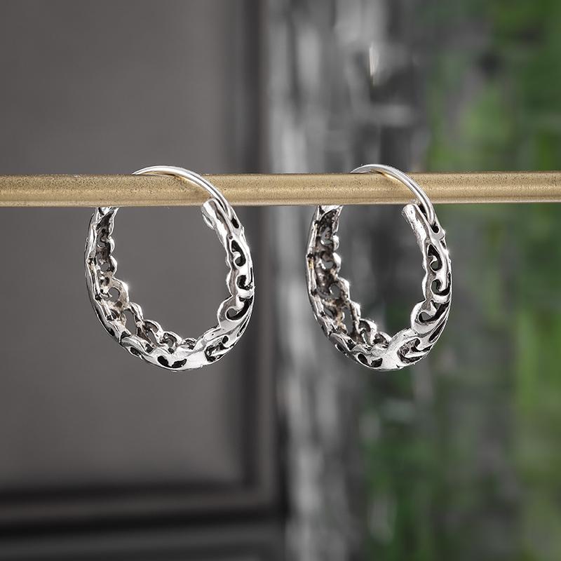 Silver-Plated Hand-Carved Pattern Circle Dangle Earrings for Women Retro Exaggerated Hypoallergenic Earrings Fashion Jewelry