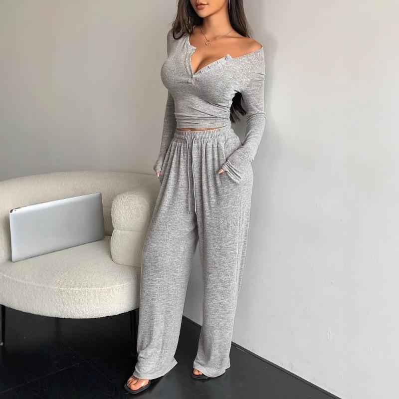 Women's Off Shoulder Button V Neck Cropped Long Sleeve Top Wide Leg Pants 2 Piece Loungewear Set