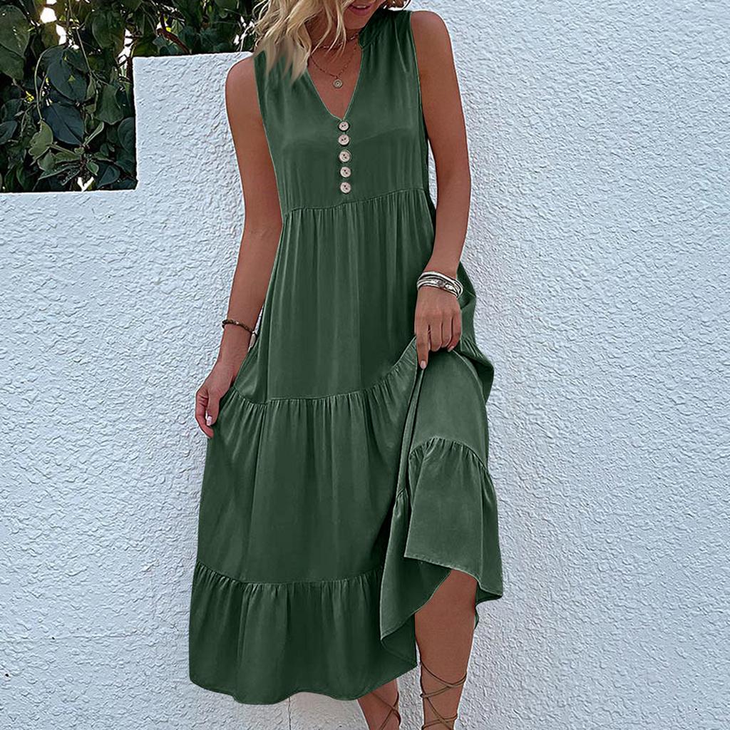 Sleeveless Women's Dress Casual Flowy A-Line Midi Tshirt Dresses With Pockets Crewneck Vocation Boho Beach Sundress