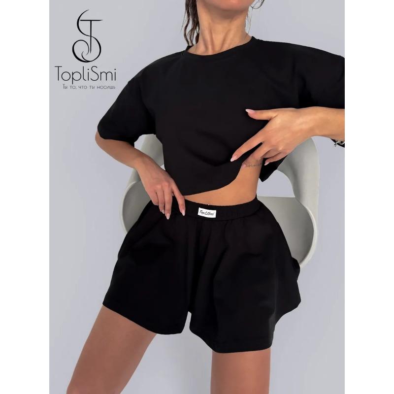 

Women Fashion Casual Sexy Short Sleeve T-shirt Shorts Solid Color Two Piece Set S чорний