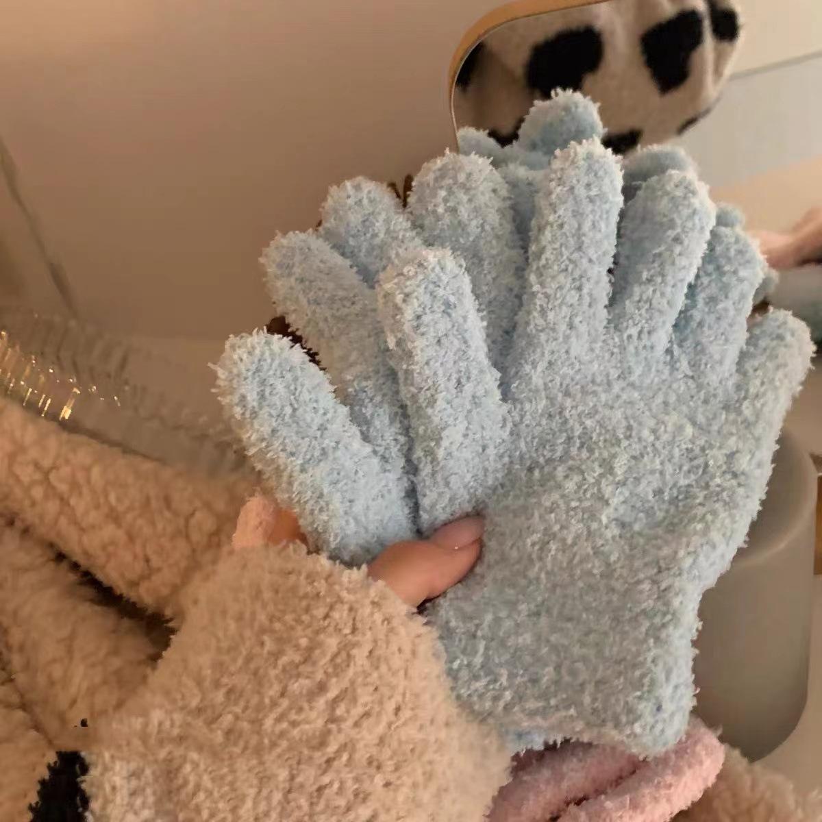 

Перчатки из кораллового флиса Ins Япония и Корея милые простые конфетные цвета пять пальцев модные теплые студенческие