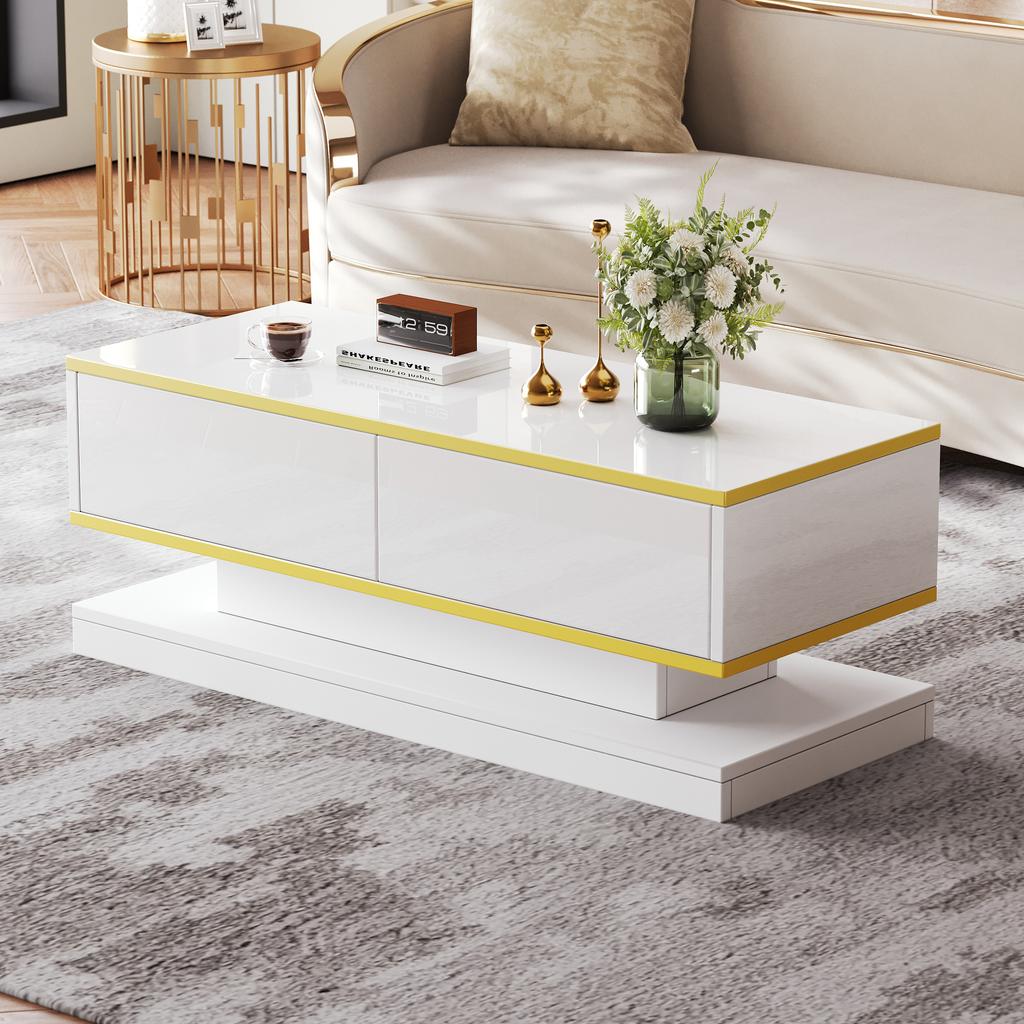 Mesa de centro de alto brillo de 100*50*38 cm con 2 cajones grandes, Blanco cálido + Borde dorado, Parte media estrecha y parte superior e inferior anchas