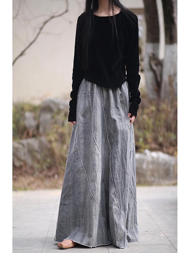 Spring/Summer Ramie Tie-Dye Patchwork Midi Skirt with Frayed Edges