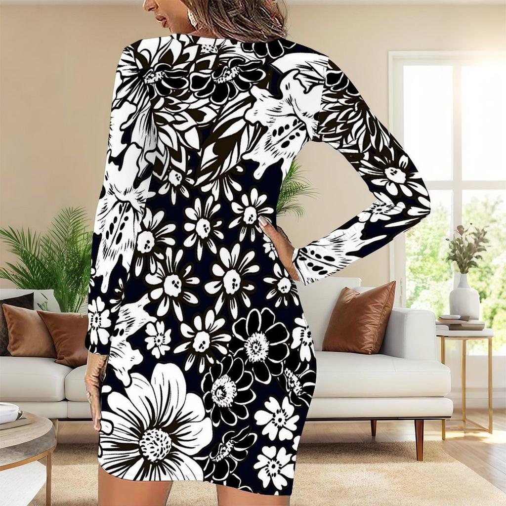 2025 Autumn and Winter New 3D Flower Print and Dyeing Women's Fashion Long-sleeved Round Neck Hip-wrapped Dress Valentine's Day Limited