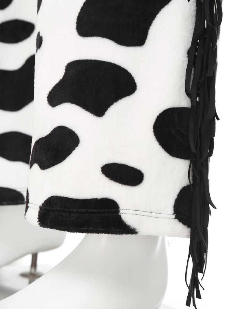 Mens Cow Print Flannel Pants Side Tassel Adjustable Waist Open Crotch Design Biker Riding Cowboy Chaps Halloween Costume