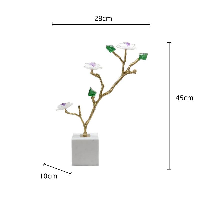 Natural Crystal Flower Metal Tree Golden Branches Crystal Sculpture Metal Figurine Marble Home Decoration Accessories