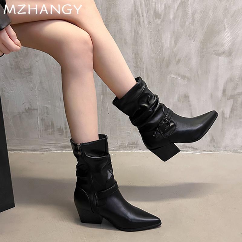 Leather Women Snow Mid Calf Boots Pointed Toe Mid Heels Shoes Woman 2025 Trend Winter Fad Chelsea Boots Pumps New Mujer Botas