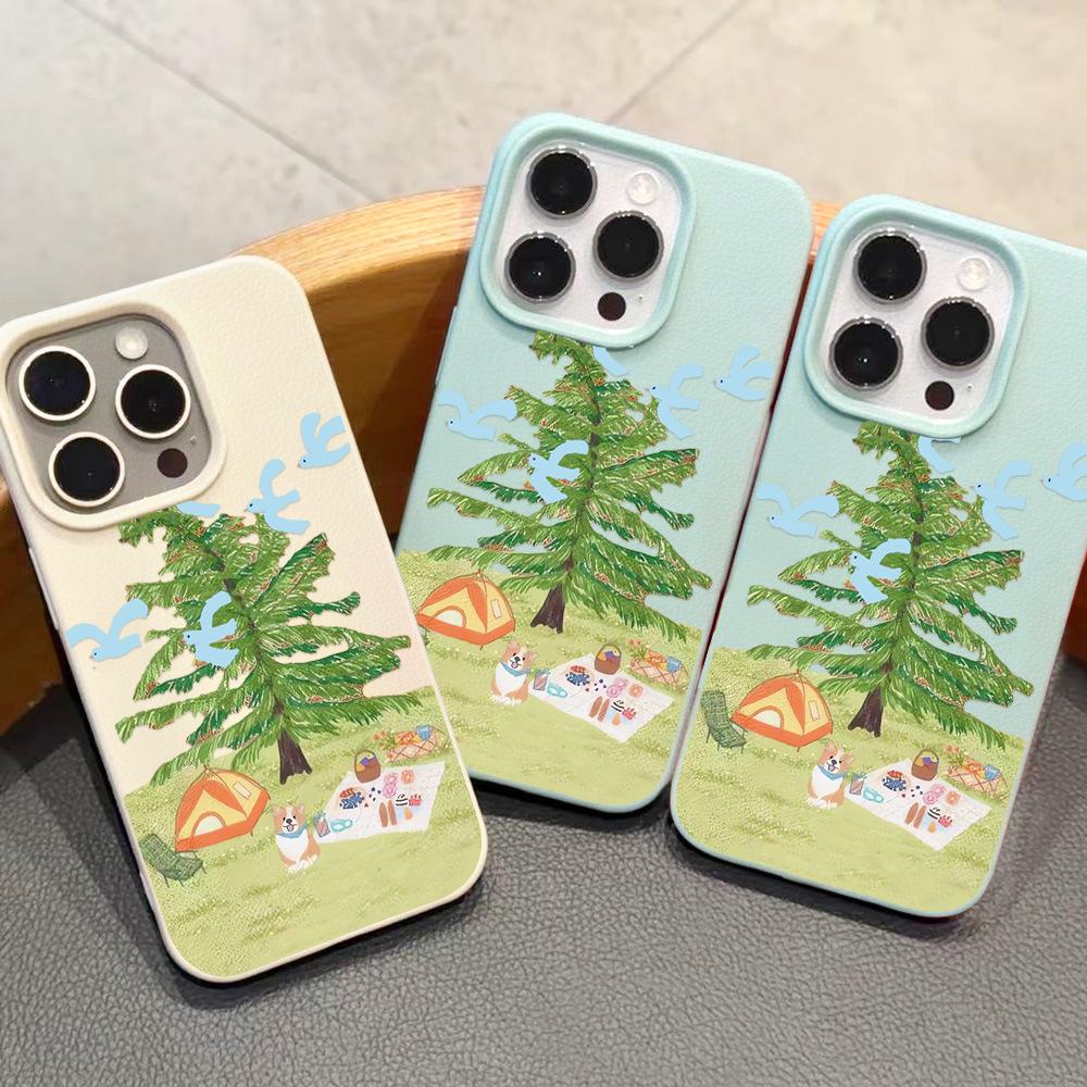 Applicable iPhone17 ProMax Summer Camping Puppy Leather Pattern Mobile Phone Case 17/16 Large Hole 15 Cute