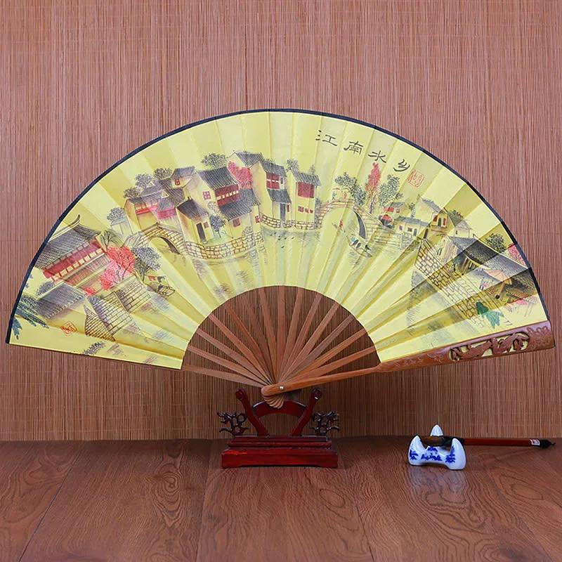 Chinese Style Fan Men Archaic Folding Fan 10-Inch Silk Large Silk Fan Classical Carving Folding Fan Cloth Retro Summer