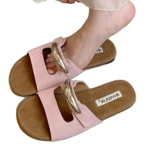 Korean yellow slippers women's summer wear new flat-bottomed French retro one-word sandals holiday seaside beach sandals