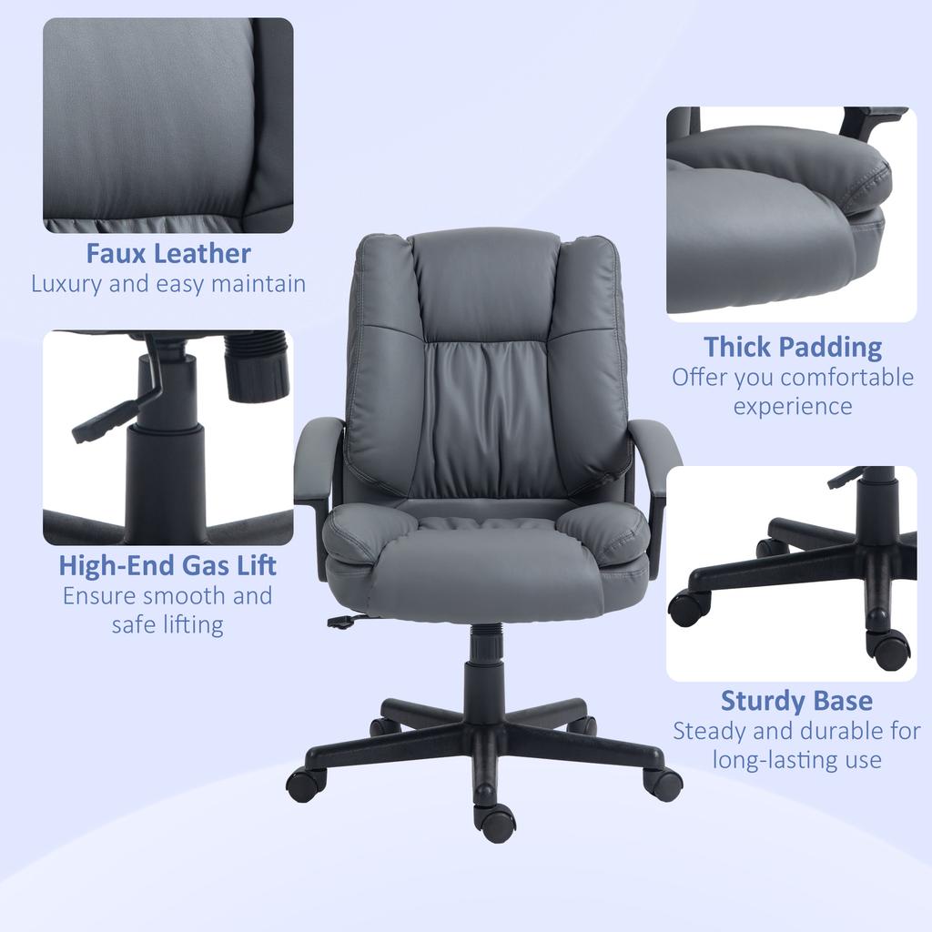 Desk Chair, PU Leather Office Chair with Adjustable Height and Swivel Wheels, for Home Work Study, Dark Grey