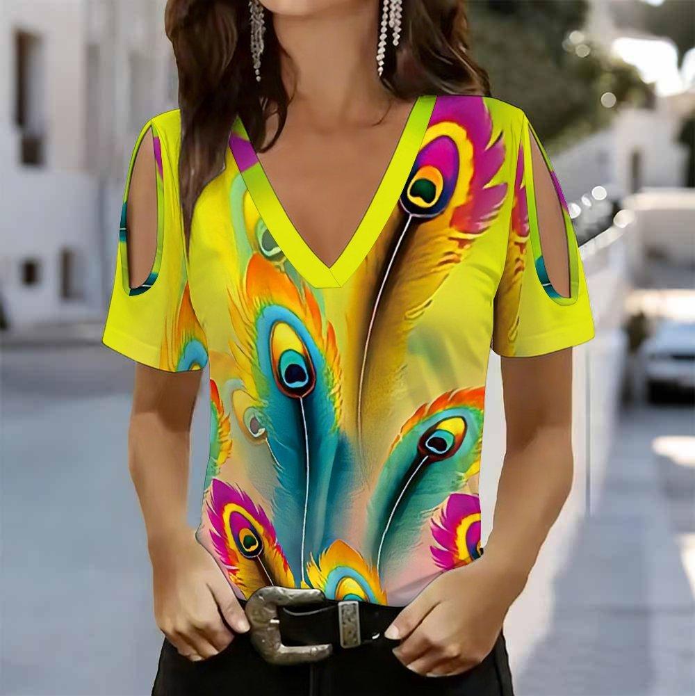 Damen V-Ausschnitt Cold Shoulder Bluse Helles Mehrfarbiges Pfauenfeder-Print Kurzarm Top