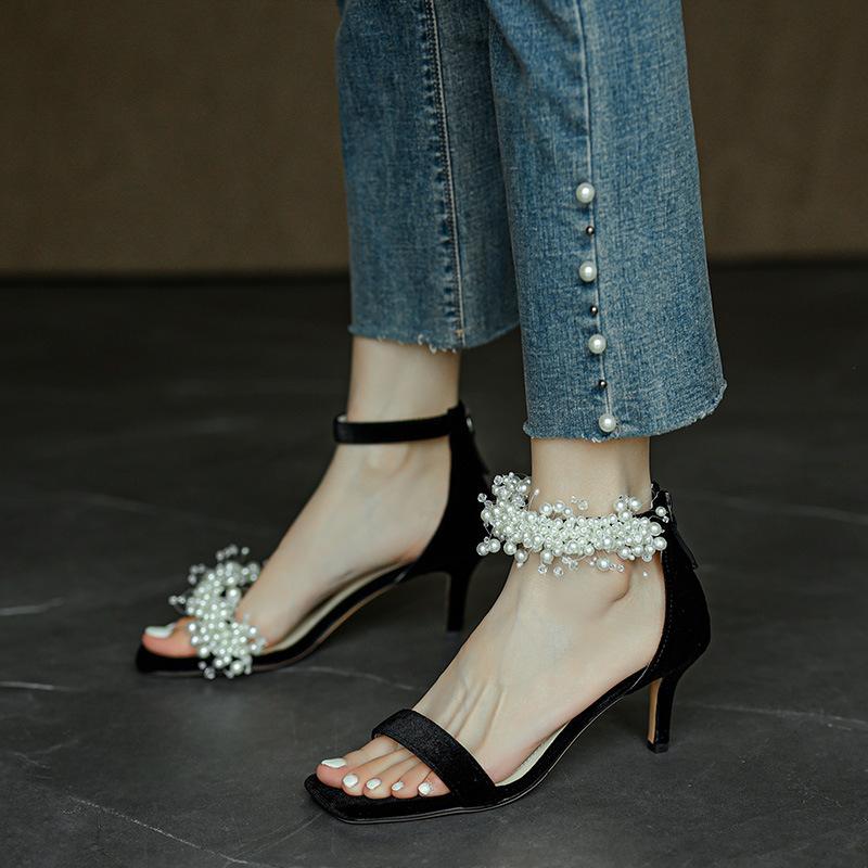 Handmade~ Super beautiful self-retention~ Pearl sandals fairy style sexy thin heel one-word buckle high heels female summer