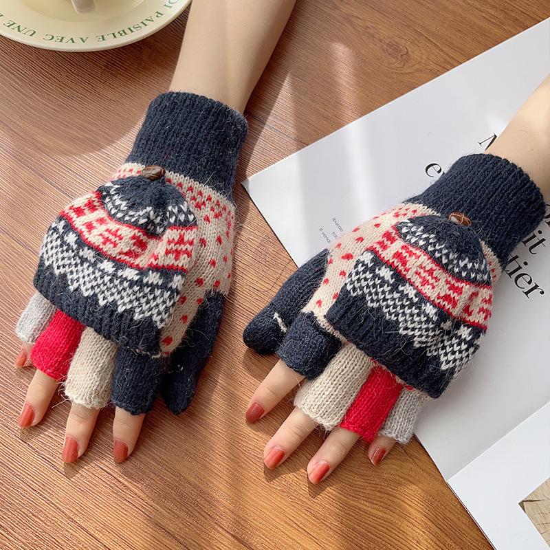 

Japanese ins flip-top dual-purpose gloves winter warm women s students velvet writing bare fingers half-finger wool cross One size fits all