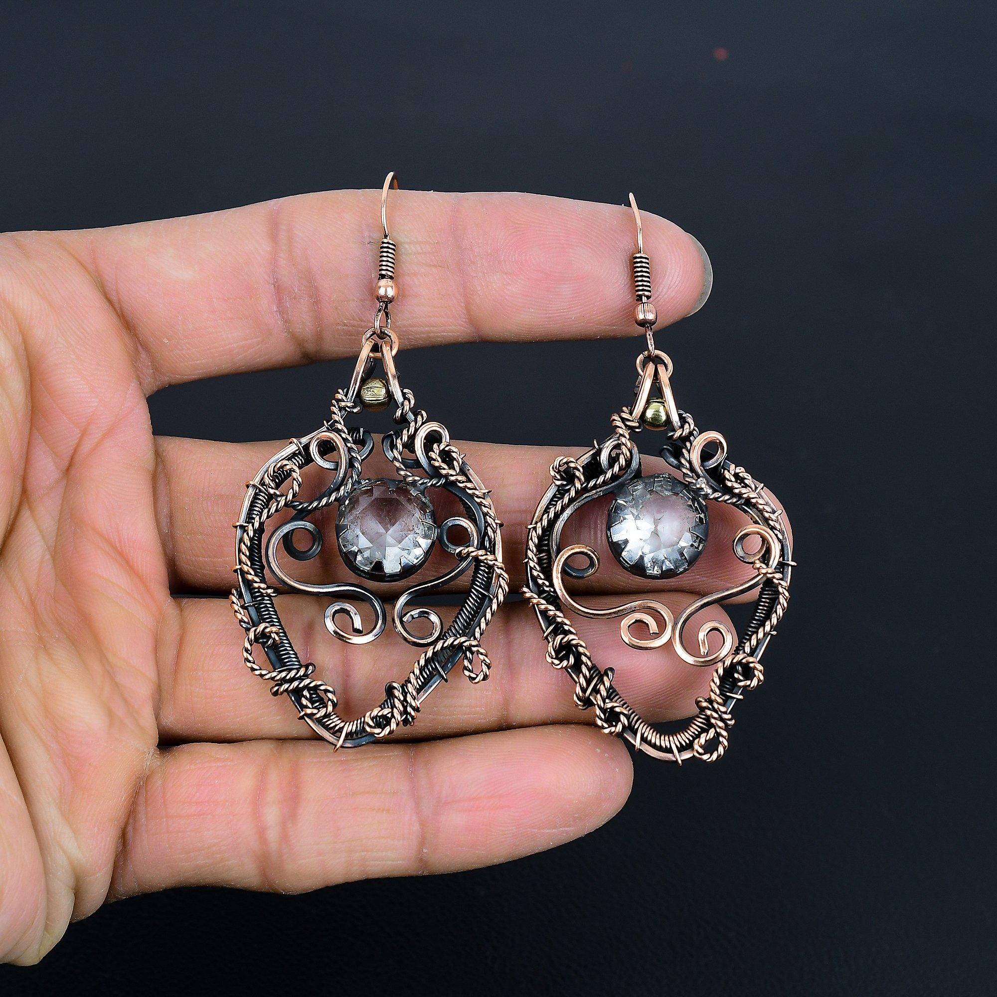 

Серьги с белым топазом, обернутые медной проволокой 999 пробы, серьги с драгоценными камнями ручной работы ко Дню памяти 2.87 Inches