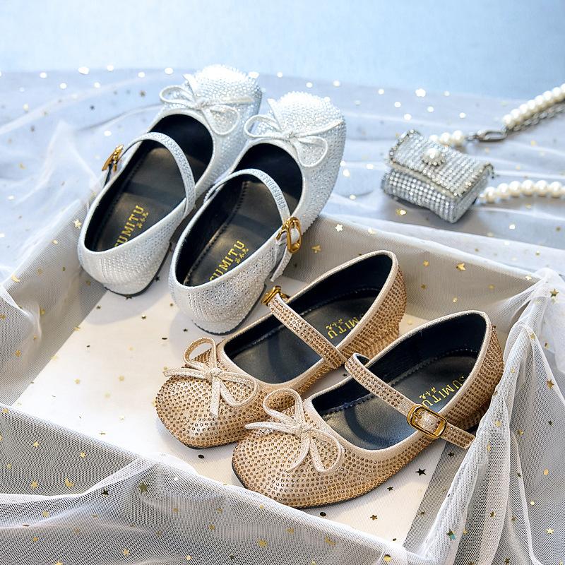 2026 new little girl leather shoes with dress soft sole children's crystal shoes single shoes