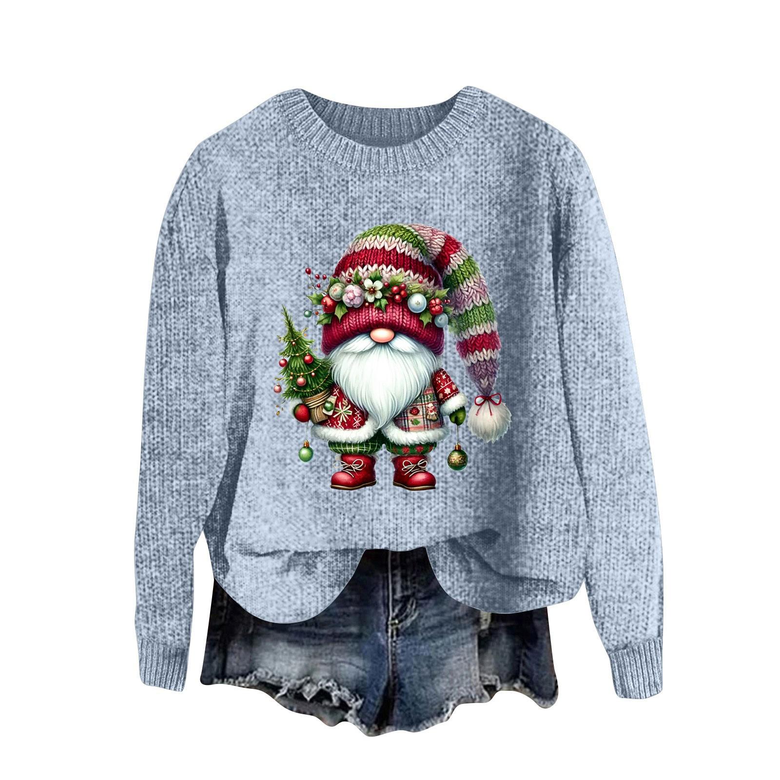 

Женский модный повседневный шерстяной трикотажный пуловер с длинным рукавом и рождественским принтом L светло-синий