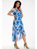 Asymmetrical midi dress with wrap neckline and short sleeves - blue flowers XL