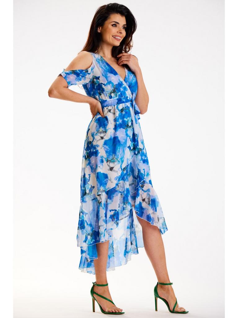 Asymmetrical midi dress with wrap neckline and short sleeves - blue flowers XL