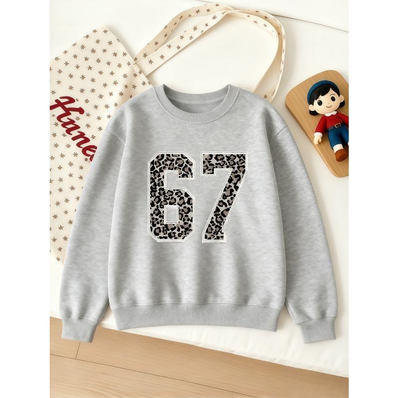 Kids Unisex Crewneck Sweatshirt, Leopard Print Stitched Outline Varsity 67 Number Long Sleeve Pullover,  Sweatshirt for Boys Girls Over 4 Years Old