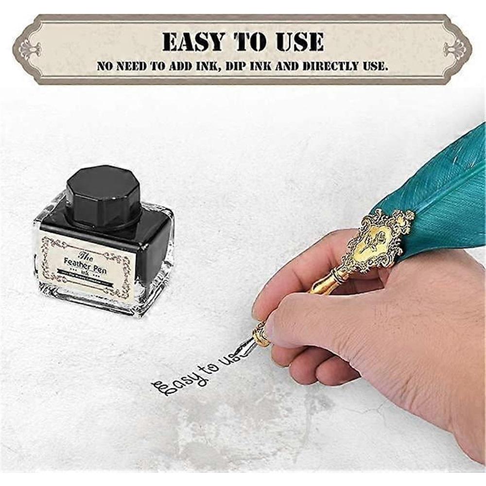 Vintage Feather Pen Set, European Classic Fountain Pen, Antique Peacock Feather Metal Nib Dip Pen