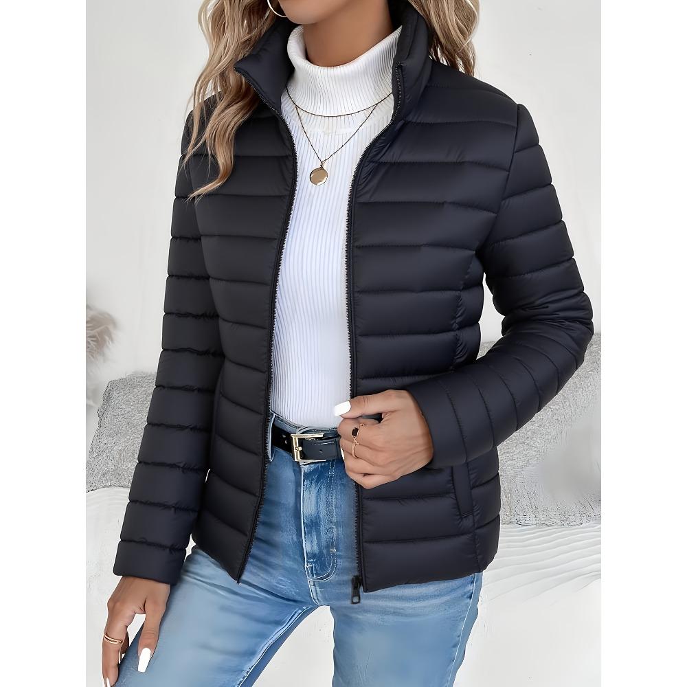 (Order A Size Up)Women Spring Slim‑Fit Lightweight Padded Jacket Stand Collar Zipper Long Sleeve Solid Color Elegant Versatile Cropped Coat ()