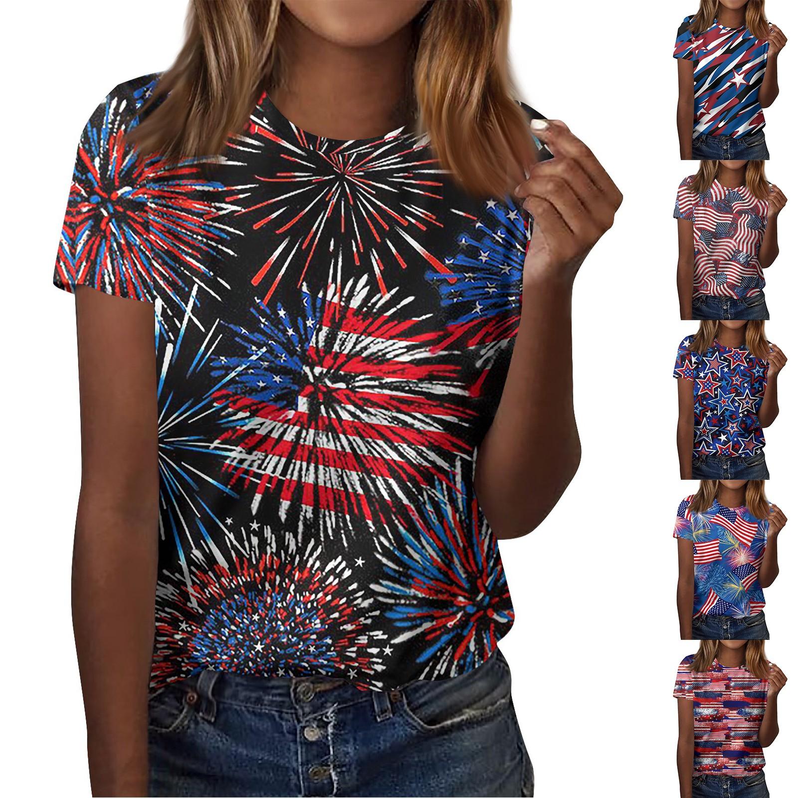 

Женская модная повседневная футболка с принтом на День независимости и круглым вырезом, топ с короткими рукавами L синий