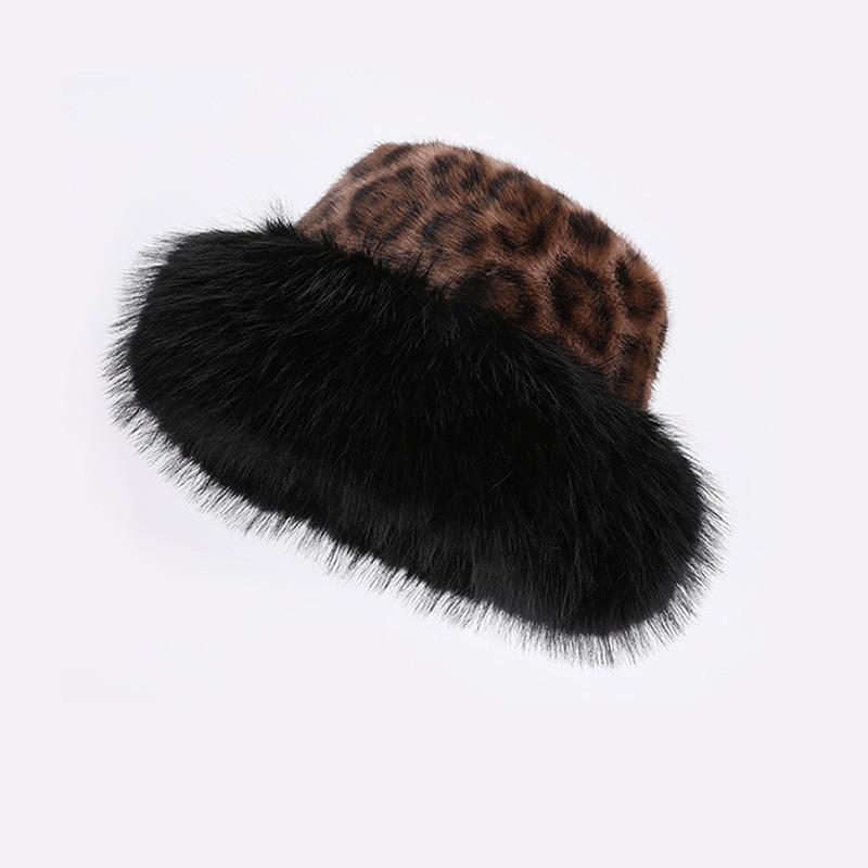 Mongolian Fur Leopard Print Autumn Winter Cap With Windproof Warmth For Girls чёрный
