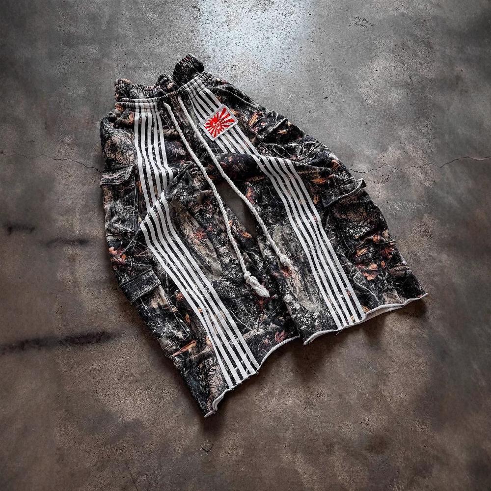 

ZYLLO Американский Ретро Хай-стрит Инструментальный Двойная Талия Спортивные Штаны Лиственный Камуфляж Тяжелая Промышленность Полосатые Свободные Широкие Штаны Европа S