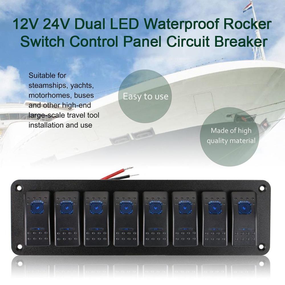 8 Gang Marine Boat Rocker Switch Panel, 12V 24V Waterproof RV LED Switch Panel for Car Truck Marine Boat, On Off Toggle