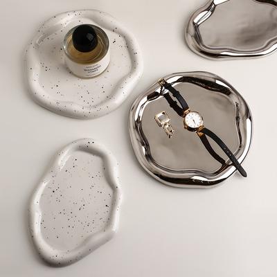 Simple Creative Decorative Dessert Tray Storage Light Luxury Silver Metal Storage Tray Fruit Tray Ceramic Jewelry Home Decor
