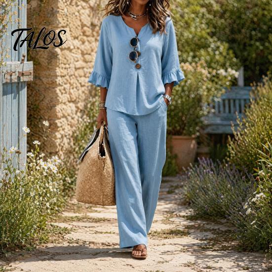 Breathable Summer Pants 2 Piece Sets for Women, Casual Ruffle 3/4 Sleeve Buttons V Stretchy Waist Neck Top And Wide Leg Matching Set, Loose
