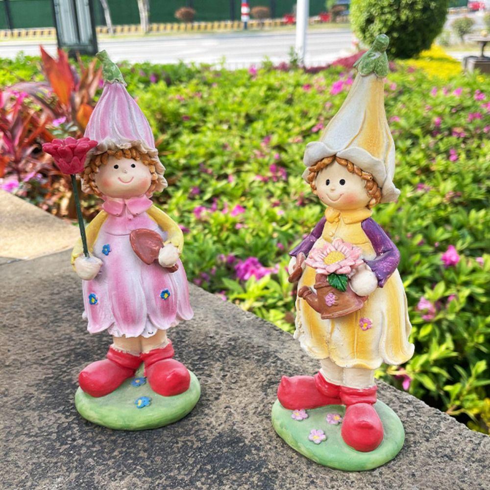 2pcs Micro Landscape Resin Garden Couple Sculpture Cute Cartoon Boy and Girl Statue Waterproof Miniatures Figurine Lawn