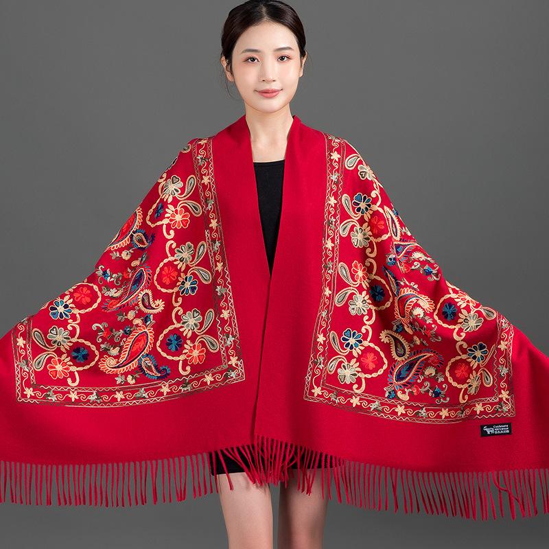 Luxury Women Embroidery Cashmere Scarf Winter Women's Warm Pashmina Shawl Paisley Embroidered Thicken Blanket Scarves Wraps