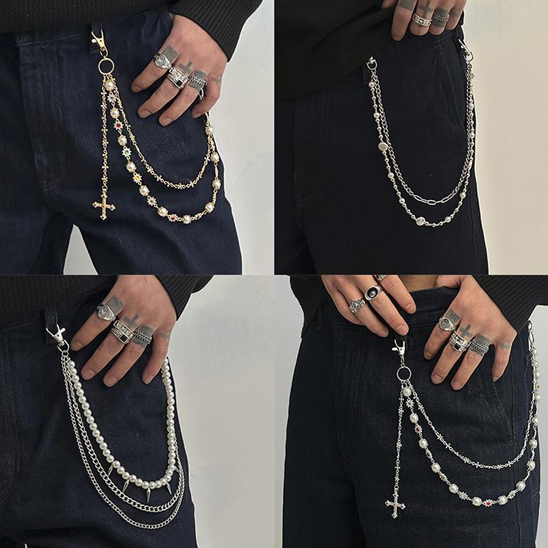Exquisite Luxury Cross Pendant Imitation Pearl Pants Chain For Men Punk Trousers Chain Hip Hop Jeans Chain Clothing Accessories