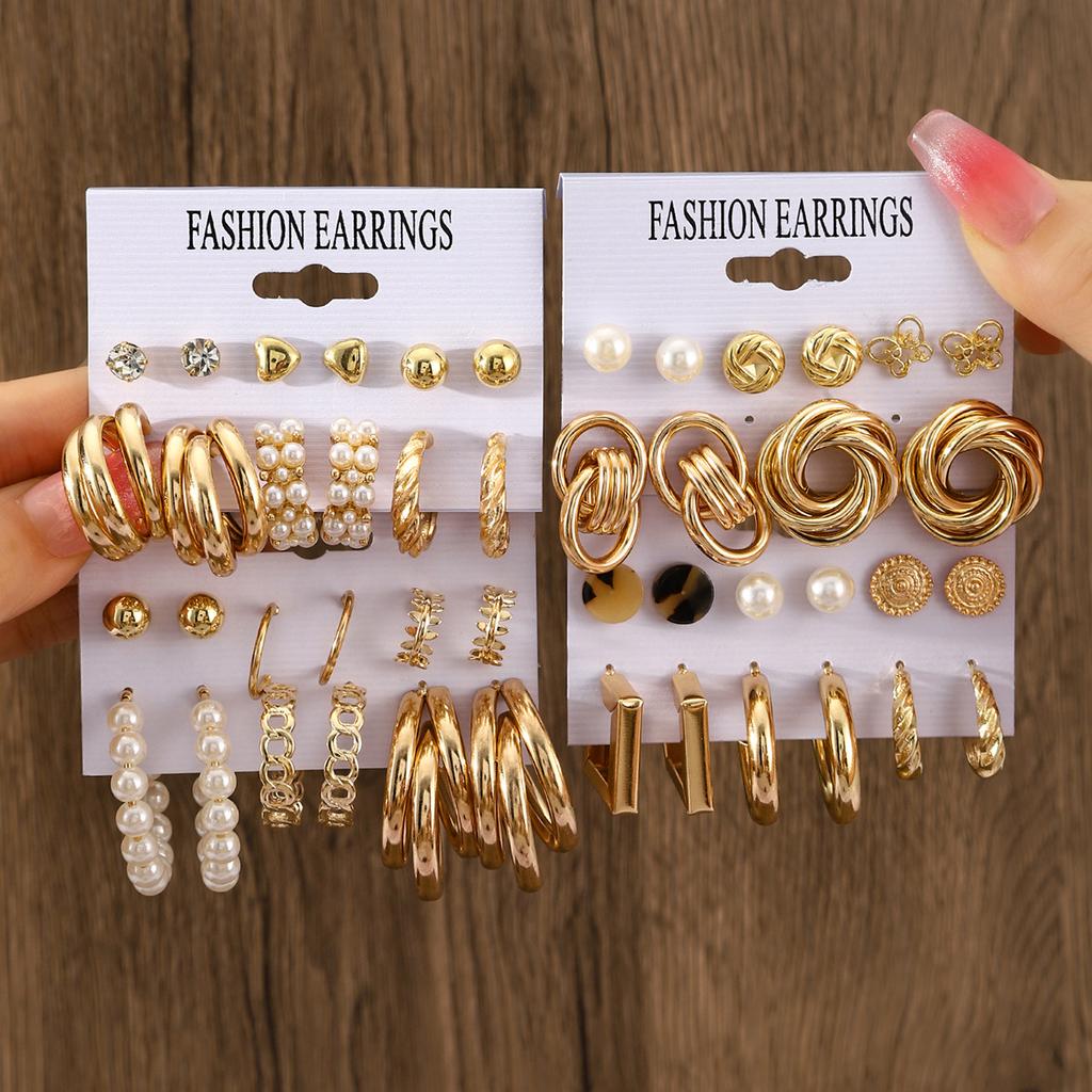 European and American metal earrings square geometric earrings retro pearl earrings ins wind earrings set