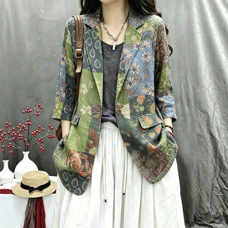 Women Retro Printed Loose Casual Long Sleeve Blazer Outerwear L