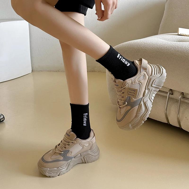 Fashion Ladies Shoes 2024 Brand Lace-up Women's Vulcanize Shoes Fashion Round Head Ladies Casual Shoes New Color Matching Mesh Sneakers