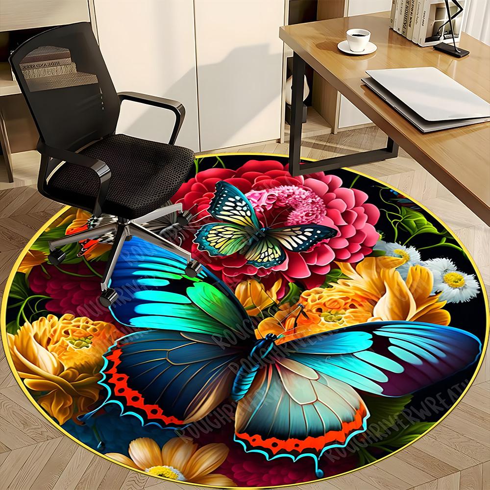 1pc Butterfly Garden Decor Chair Carpet for Office, Round Polyester Mat, Indoor Decor for Office, Easycare Fabric, Washable Non-slip Area Carpet