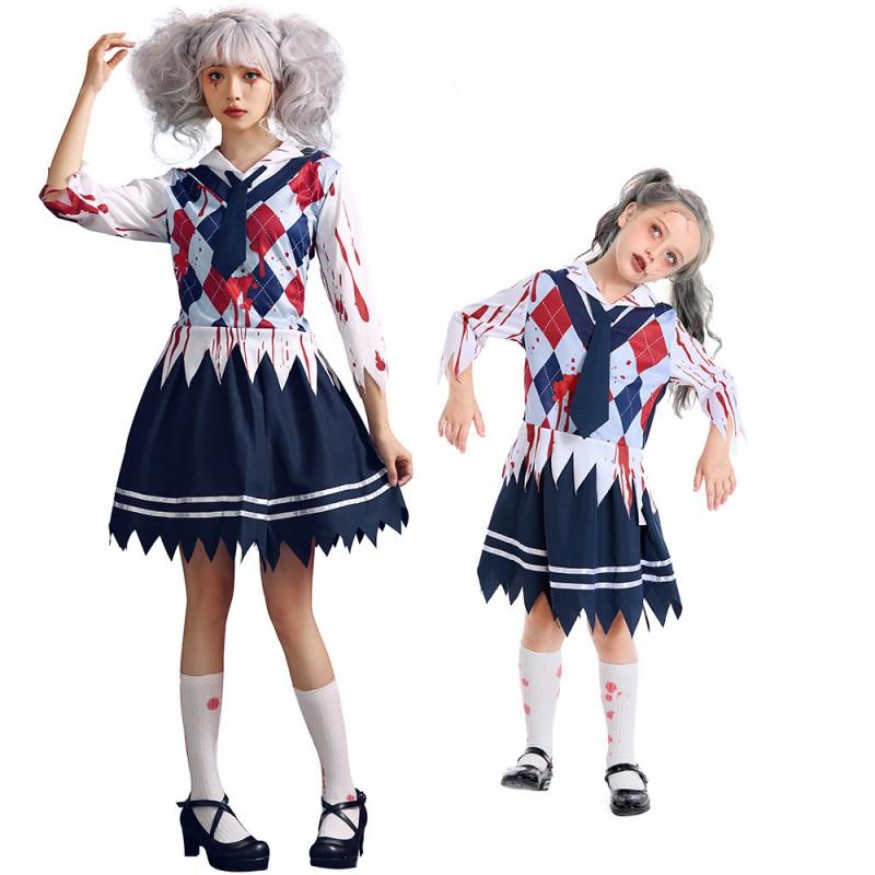Halloween Costume Girls School Uniform Cosplay Outfit With Blood Stain Design Kids Performance Dress