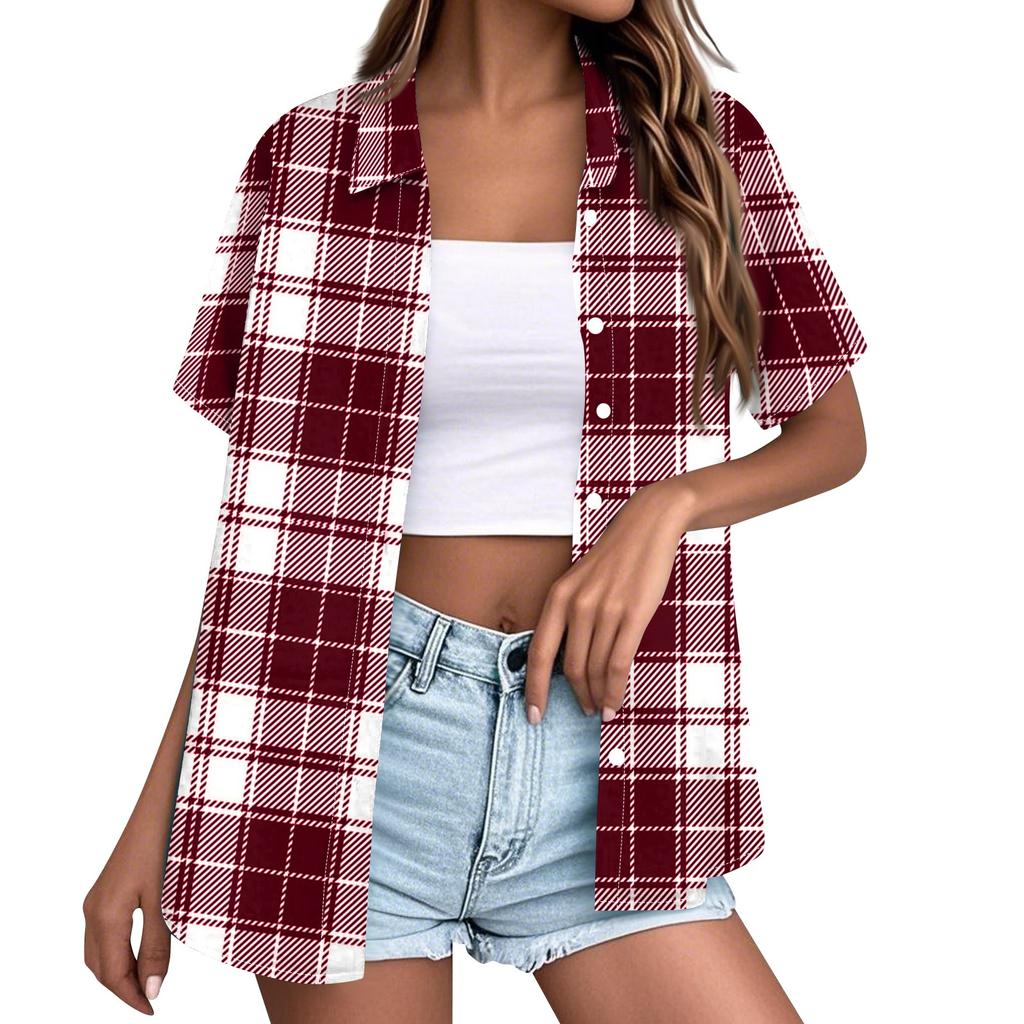 Women Casual Loose Fit Short Sleeve Button Down Collar Shirt Plaid Pattern Lightweight Summer Top