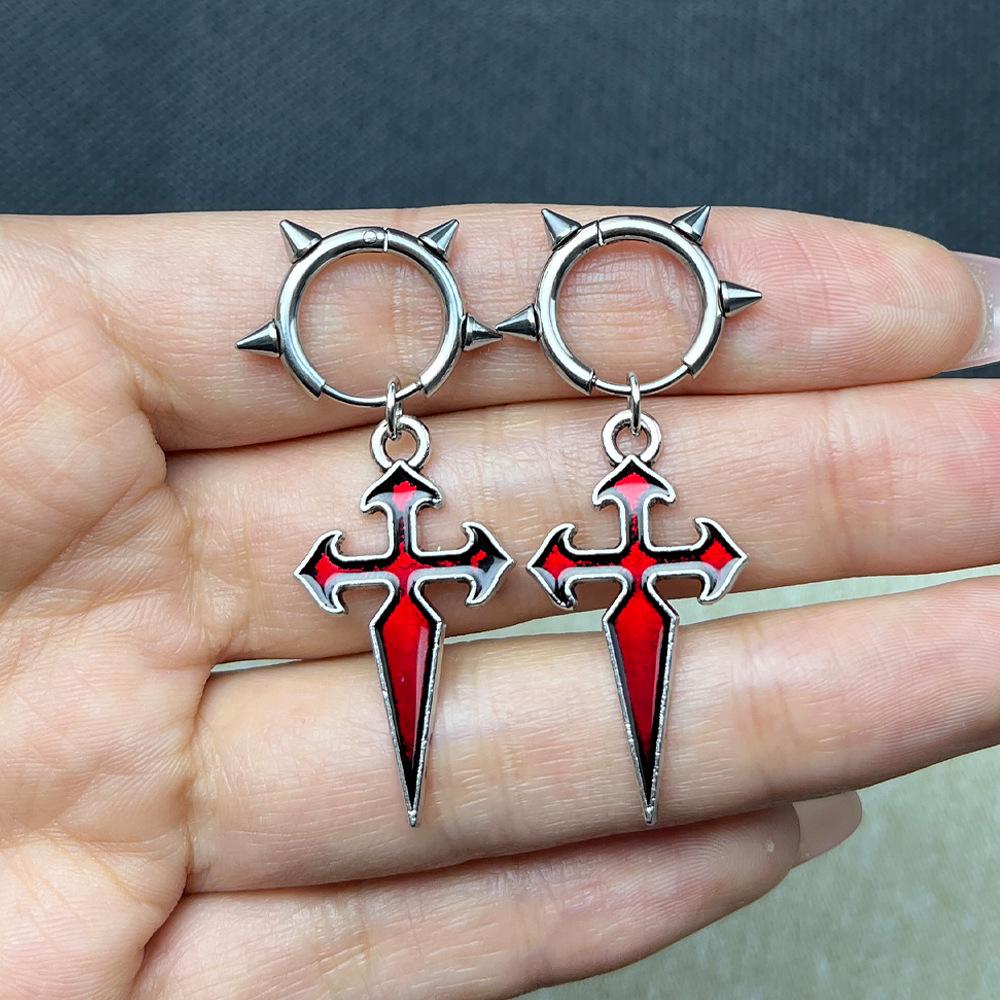 Boucles d'oreilles tendance rétro avec pendentif croix en alliage finition émail dégoulinant - Manchettes d'oreille hip-hop à la mode.