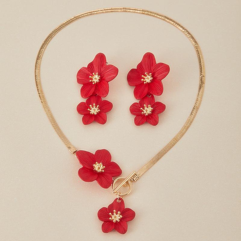 Romantic Double Layer Red Flower Pendant Necklace Earring Set Women Exaggerated Personality Girl Fashion Zircon Party Gift