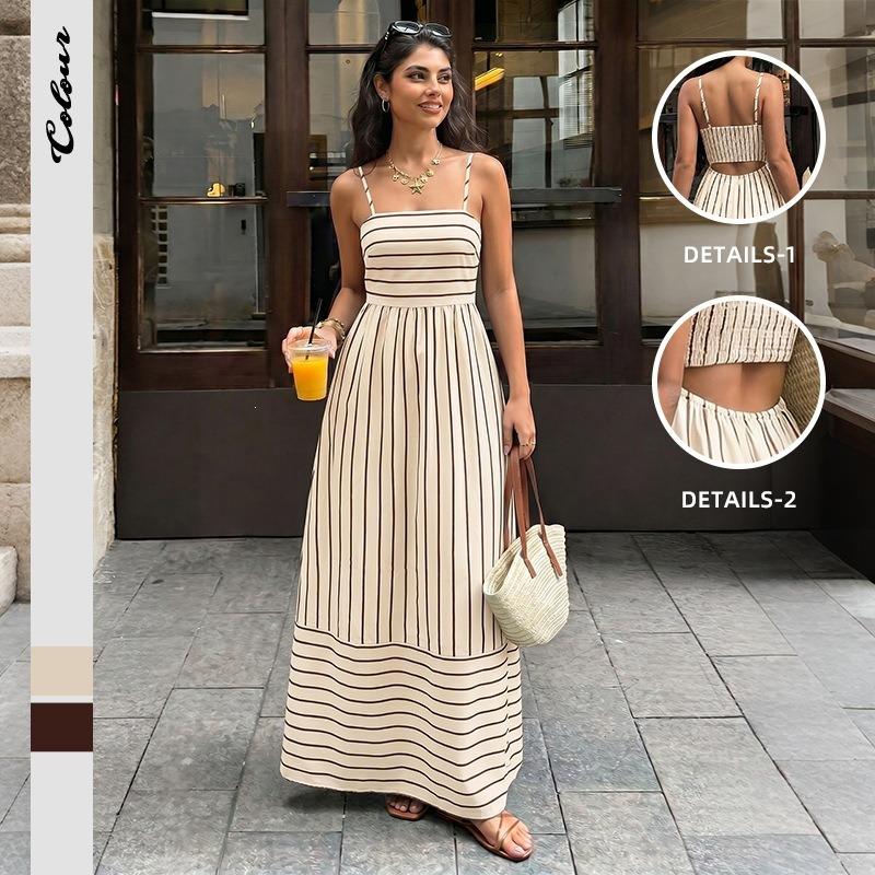 Women Striped Backless High Waist Suspender Maxi Casual Vacation Dress