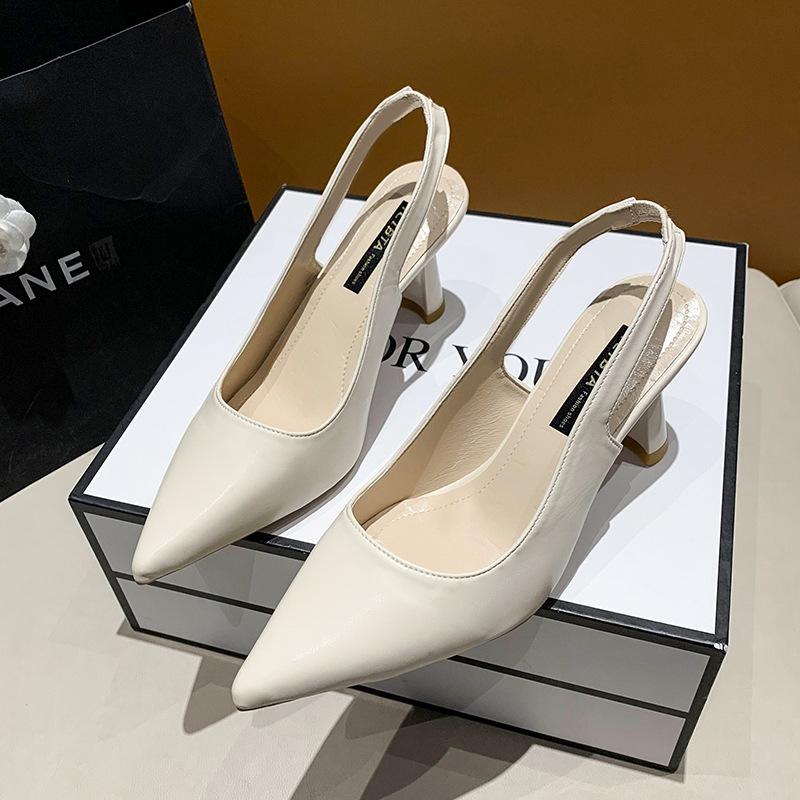 Baotou sandals women's 2025 summer new French versatile pointed thick heel high heels simple temperament celebrity women's shoes