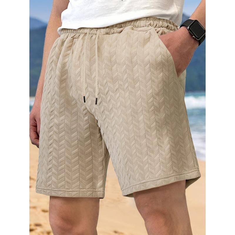 Summer Loose Solid Color Shorts Jacquard Fabric Tied Rope Men's Casual Shorts Beach Pants