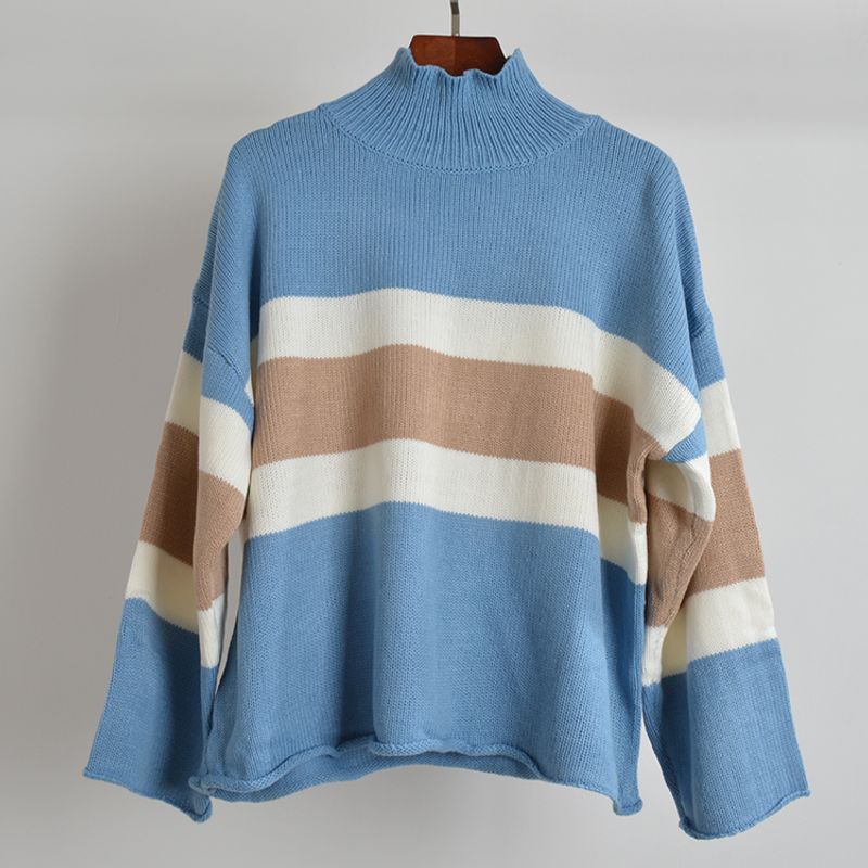 

Fall and Winter New Arrival Mixed Color Stripe Turtleneck Pullover Long Sleeve Sweater Female Loose Slim Looking Simple Knitwear Tops Outerwear Picture color(Loose version) One size