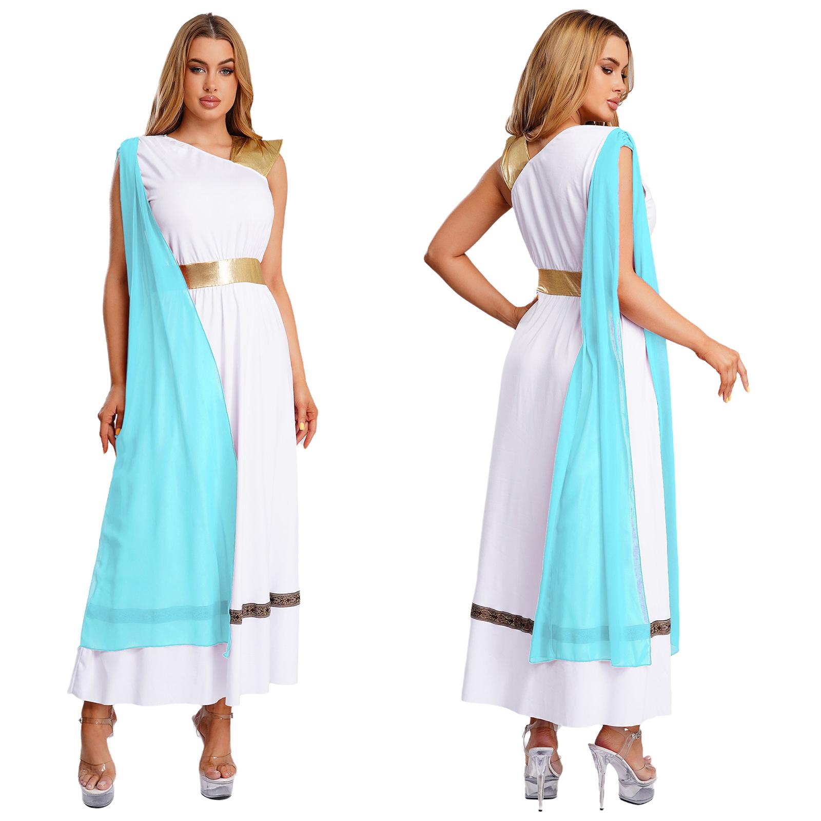 

Жіночий костюм стародавньої грецької принцеси без рукавів з високою талією, золота сукня римської імператриці у тозі для Хеллоуїна та косплею, розмір S-3XL XXL світло-синій колір