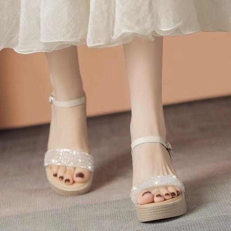 Wedge heel sandals women's 2025 new summer wear thick sole not tired foot muffin rhinestone with skirt high heel women's shoes