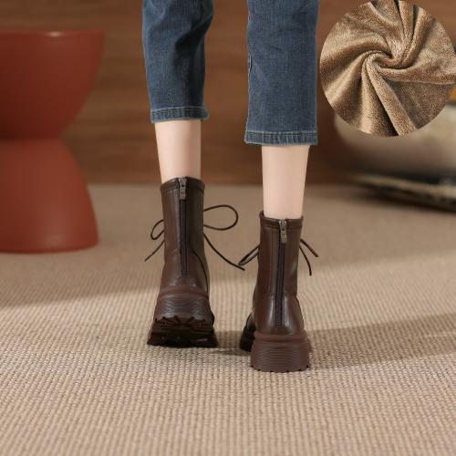Women's High Heel Lace-Up Ankle Boots Thick Platform Chunky Heel Rear Zipper Long Boots White